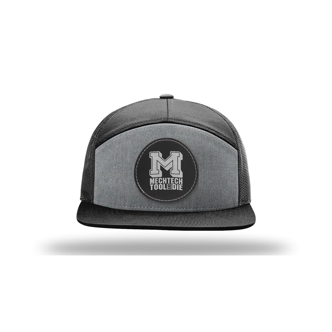 Richardson 168 7-Panel Trucker in Heather Grey/Black with a custom leatherette logo patch