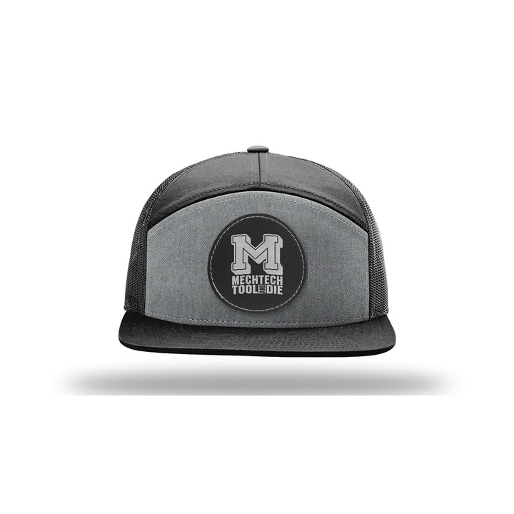 Richardson 168 7-Panel Trucker in Heather Grey/Black with a custom leatherette logo patch