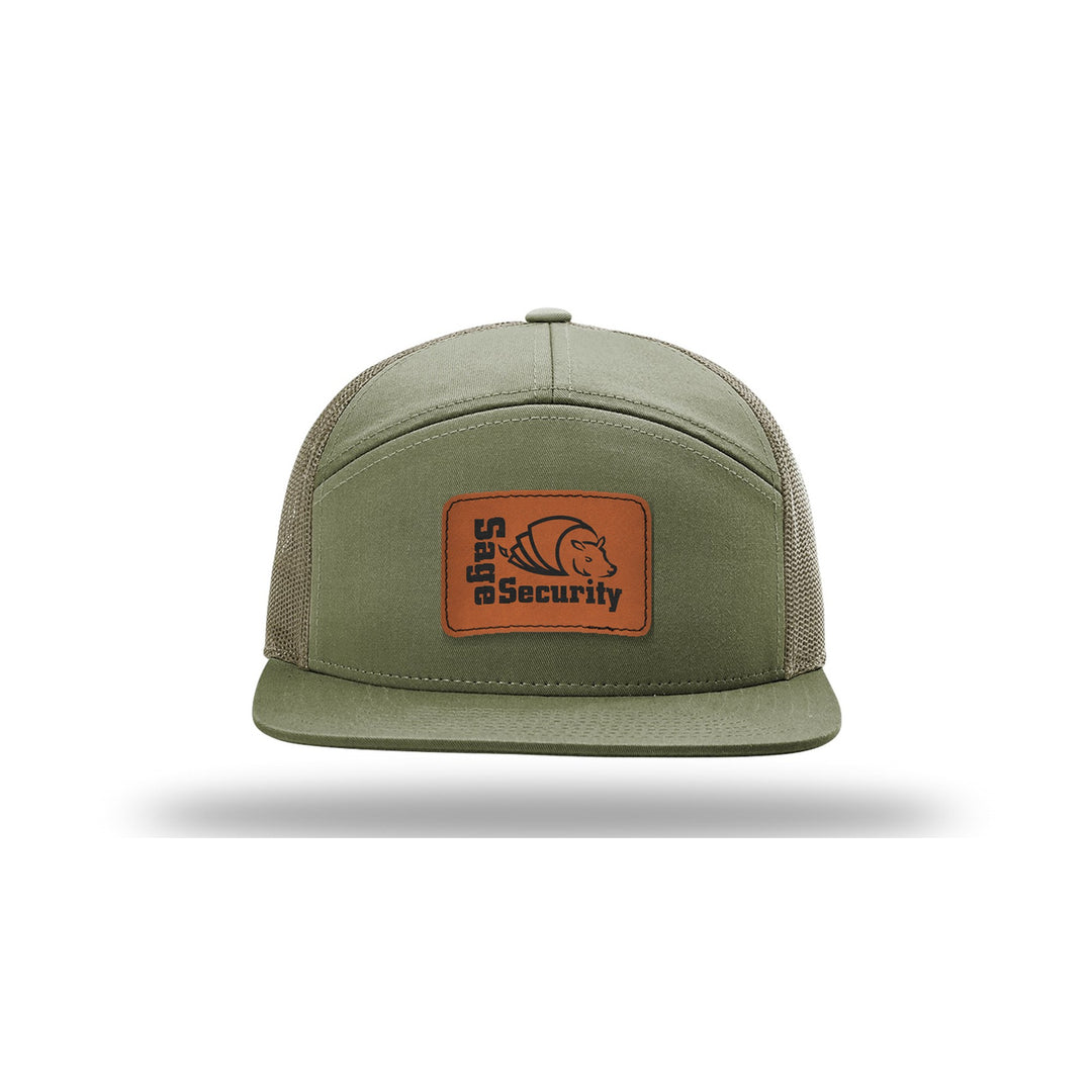 Richardson 168 7-Panel Trucker in Loden with a custom leatherette logo patch