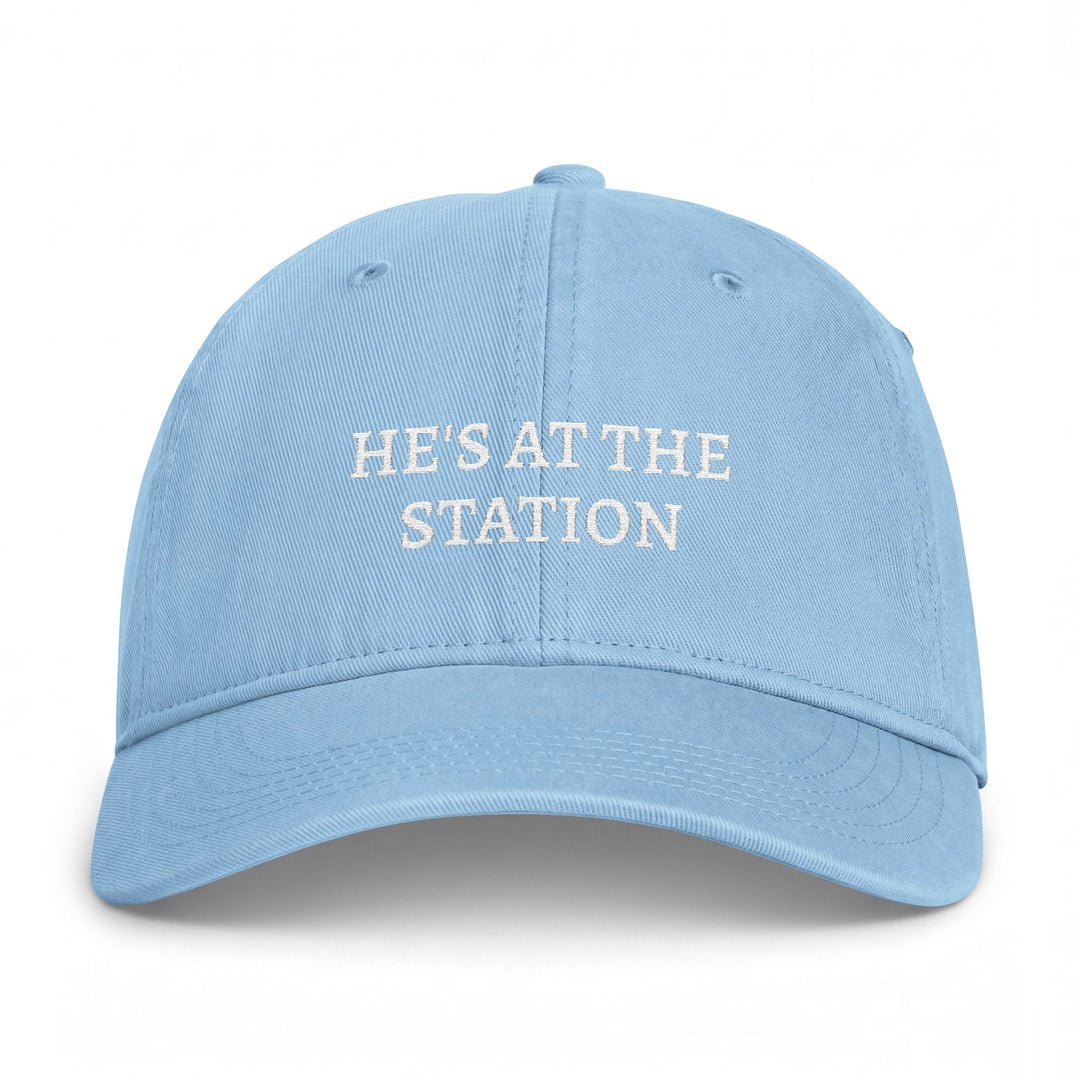 Washed light blue dad cap with he&