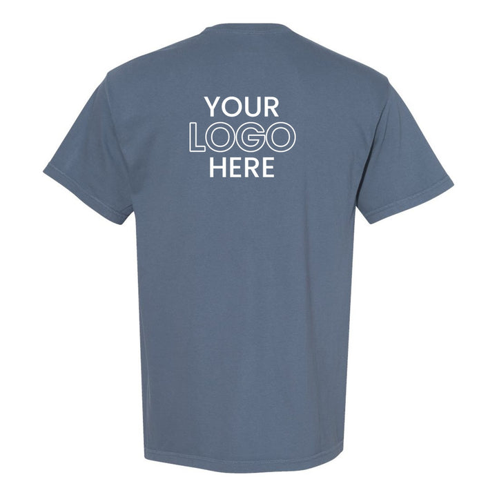 Blue Jean Comfort Colors 1717 tee with a sample full-back company logo