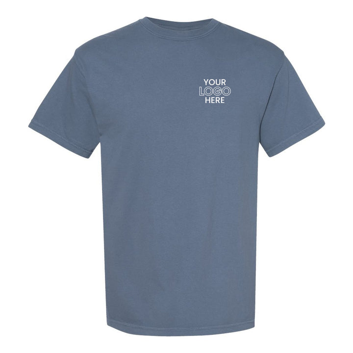 Blue Jean Comfort Colors 1717 tee with a sample logo on the left chest