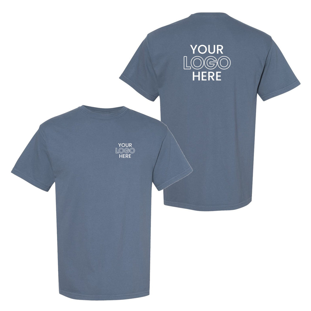 Comfort Colors 1717 tee with a sample company logo on the left chest and full back, shown front and back