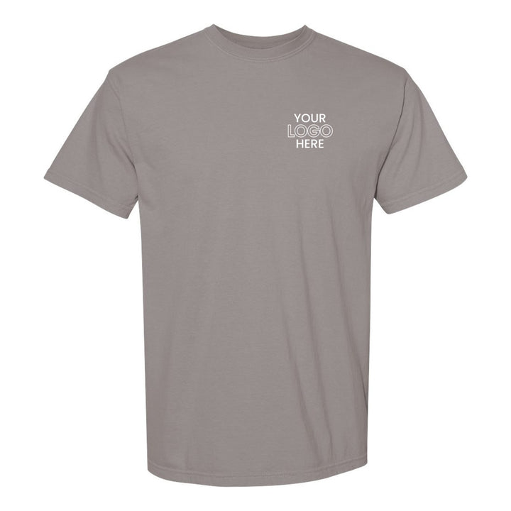 Grey Comfort Colors 1717 tee with a sample logo on the left chest