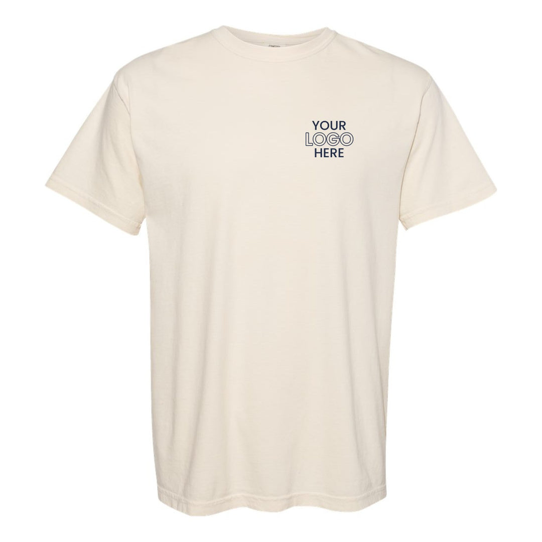 Ivory Comfort Colors 1717 tee with a sample logo on the left chest