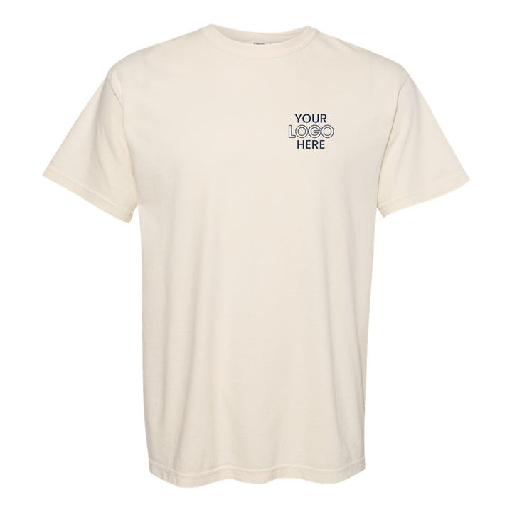 Ivory Comfort Colors 1717 tee with a sample logo on the left chest