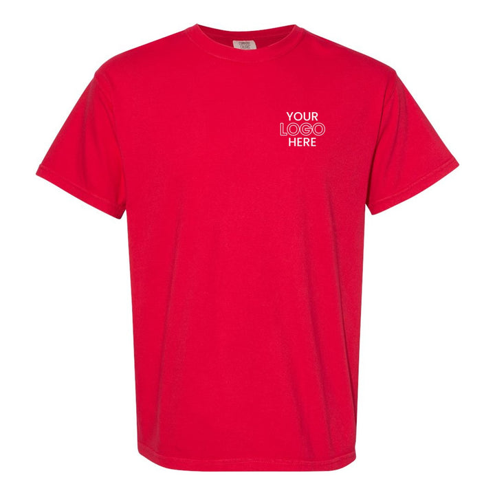 Red Comfort Colors 1717 tee with a sample logo on the left chest