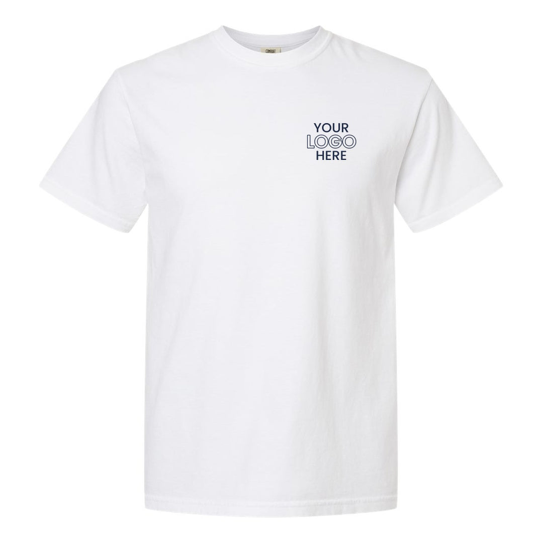 White Comfort Colors 1717 tee with a sample logo on the left chest