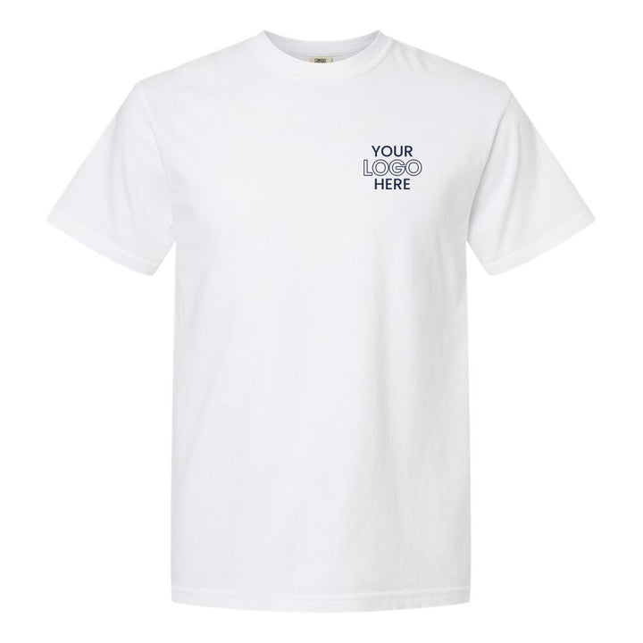 White Comfort Colors 1717 tee with a sample logo on the left chest