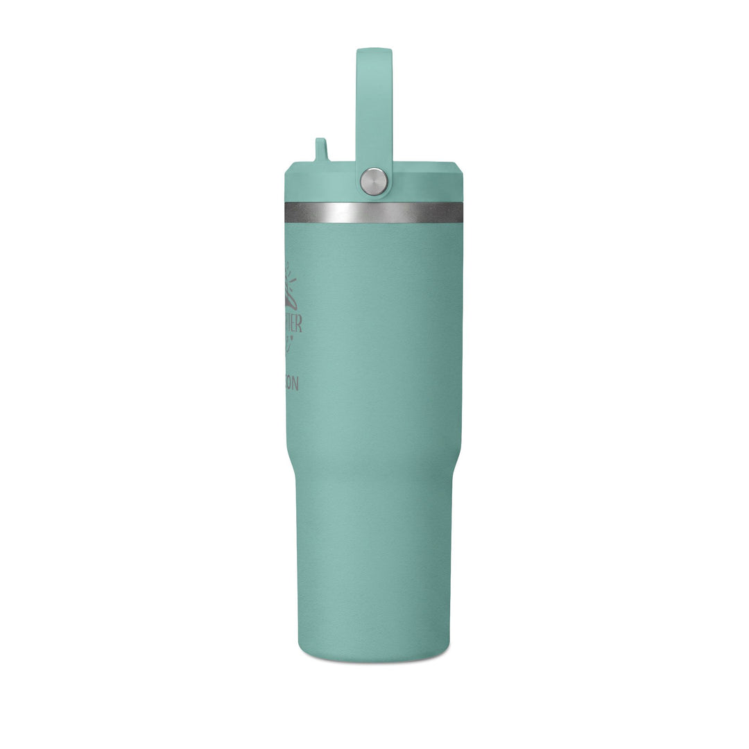 Sage green 32oz insulated tumbler with flip straw lid, side view