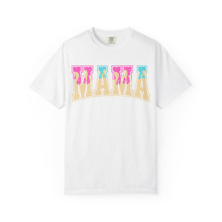White Comfort Colors Baseball Mama t-shirt with a retro ice cream drip MAMA graphic, front view.