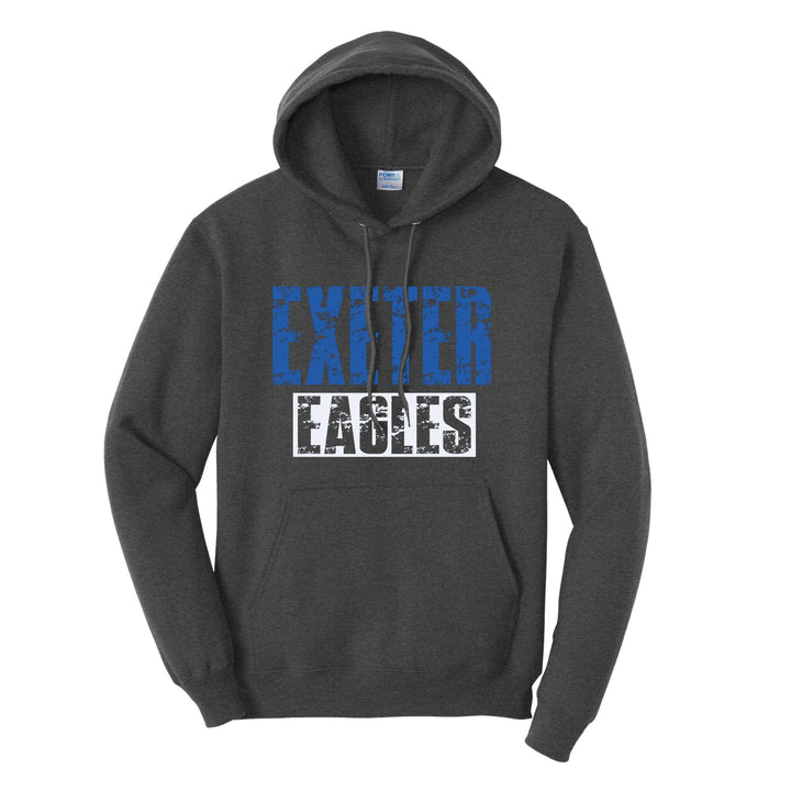 Charcoal gray hoodie with blue "EXETER" text and white "EAGLES" block lettering across chest