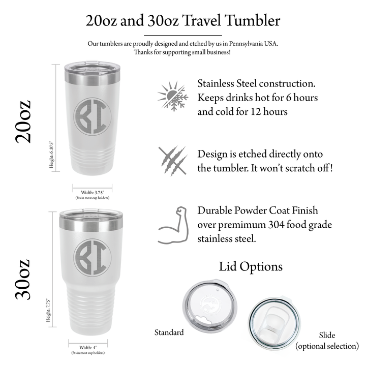 # White stainless steel travel tumblers with laser-engraved fire department emblem, shown in 20oz and 30oz sizes with lid options