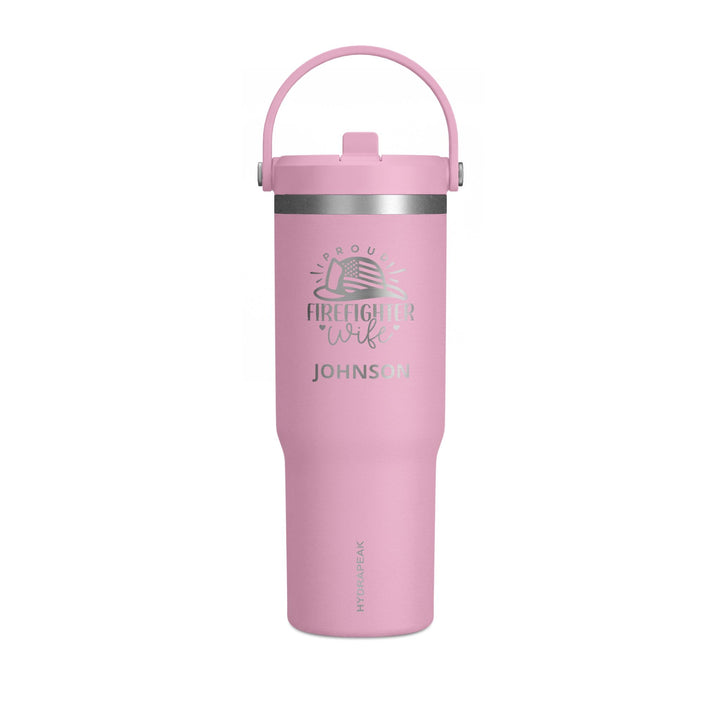 Pink 32oz insulated firefighter wife tumbler with engraved helmet-and-flag emblem and name