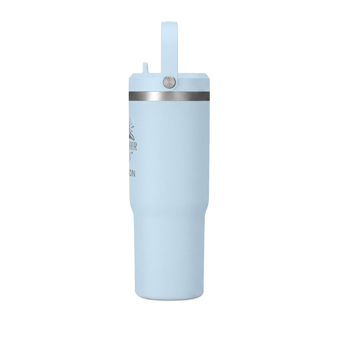 Powder blue 32oz insulated tumbler with flip straw lid, side view