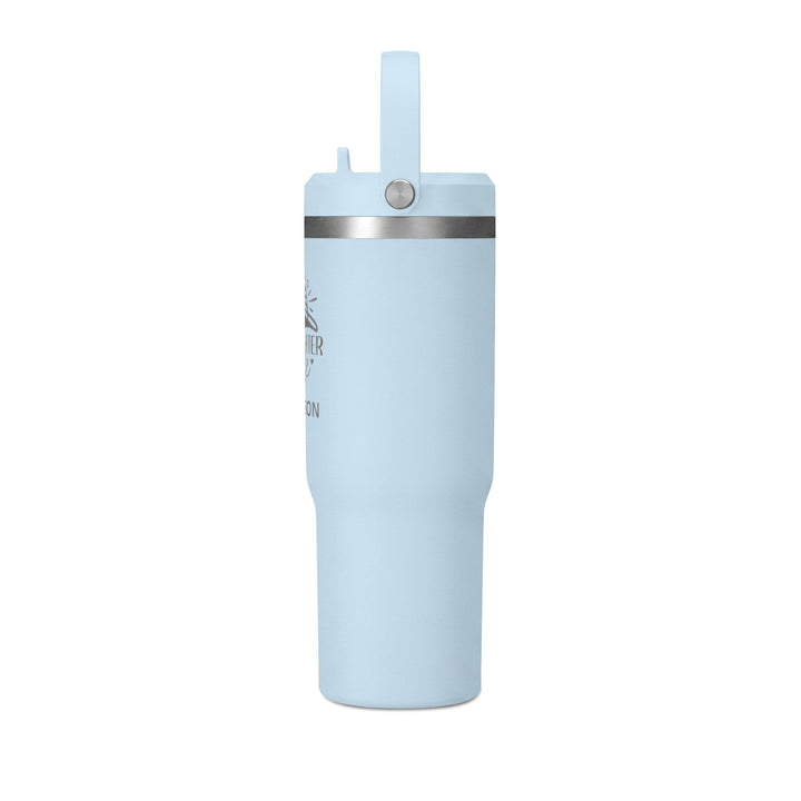 Powder blue 32oz insulated tumbler with flip straw lid, side view