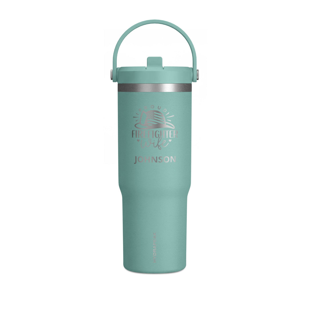 Sage green 32oz insulated firefighter wife tumbler with engraved emblem and name