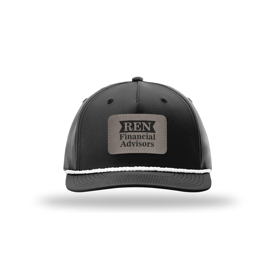 Richardson 258 5-Panel Rope Cap in Black/White with a custom leatherette logo patch