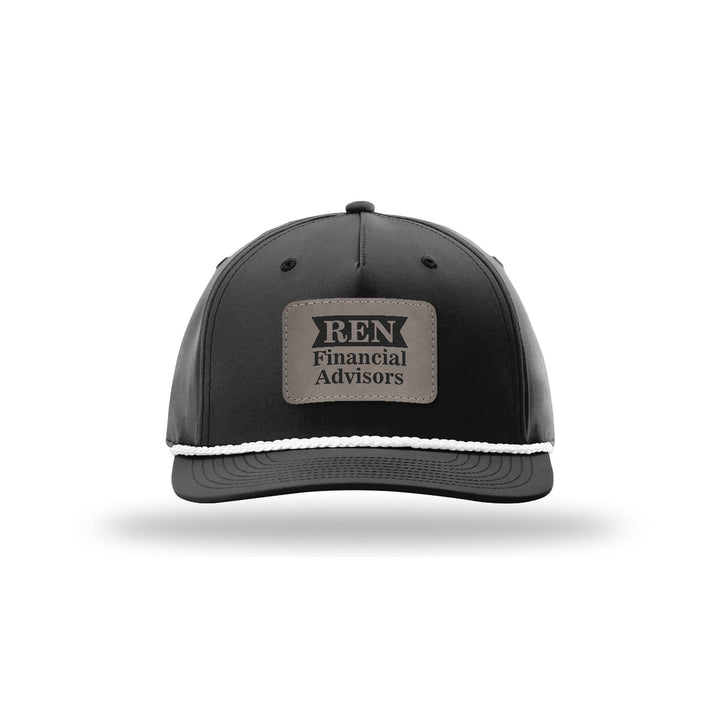 Richardson 258 5-Panel Rope Cap in Black/White with a custom leatherette logo patch