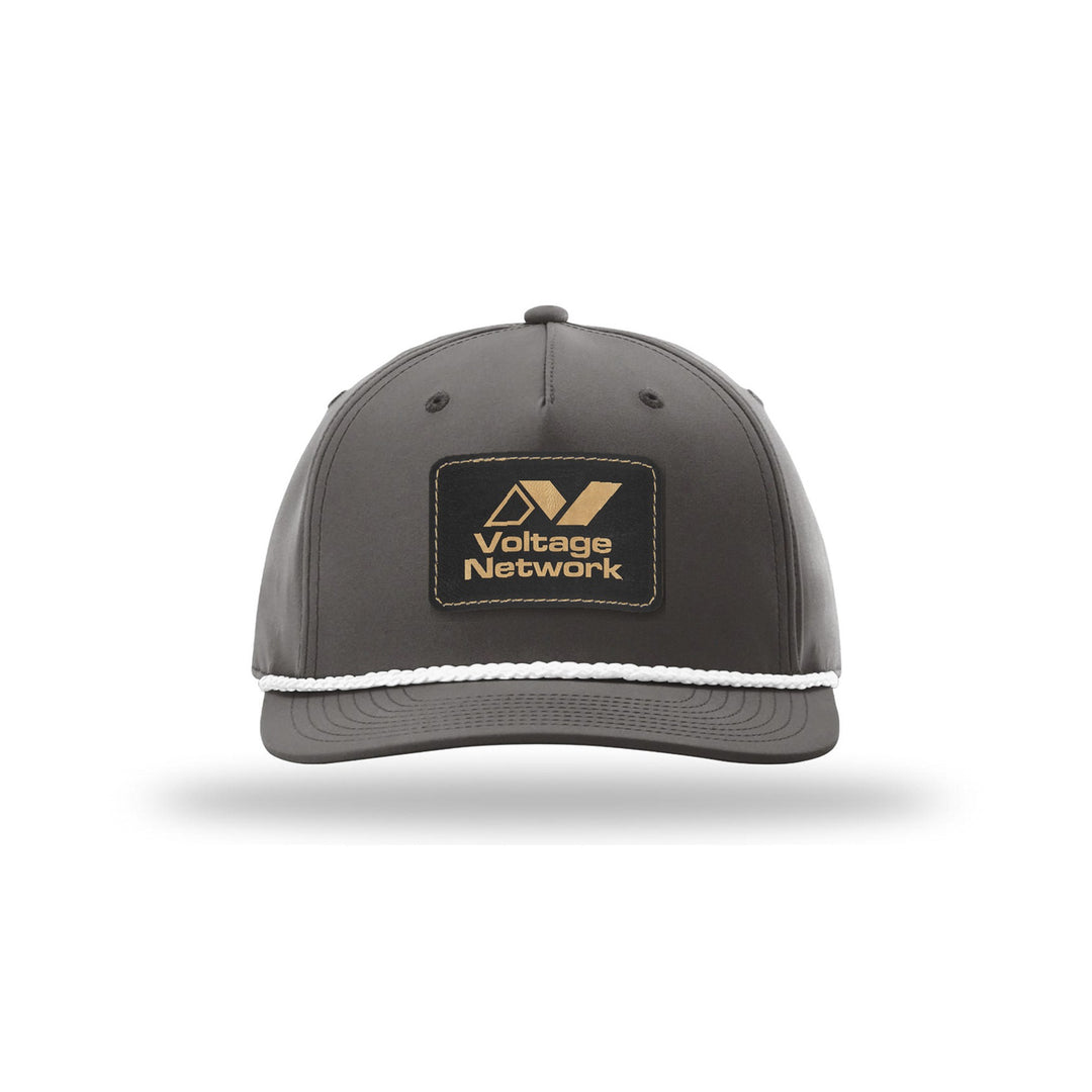 Richardson 258 5-Panel Rope Cap in Dark Grey/White with a custom leatherette logo patch