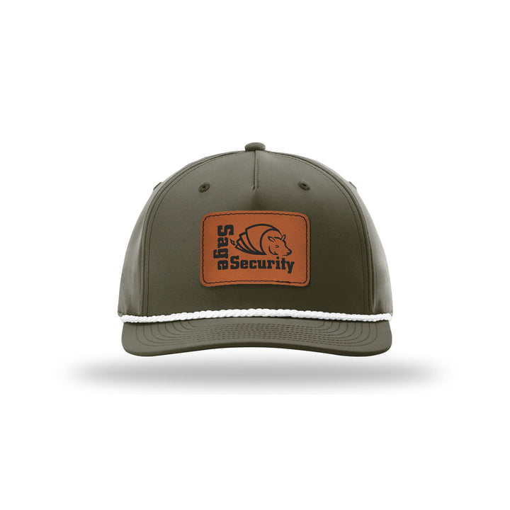 Richardson 258 5-Panel Rope Cap in Dark Olive/White with a custom leatherette logo patch
