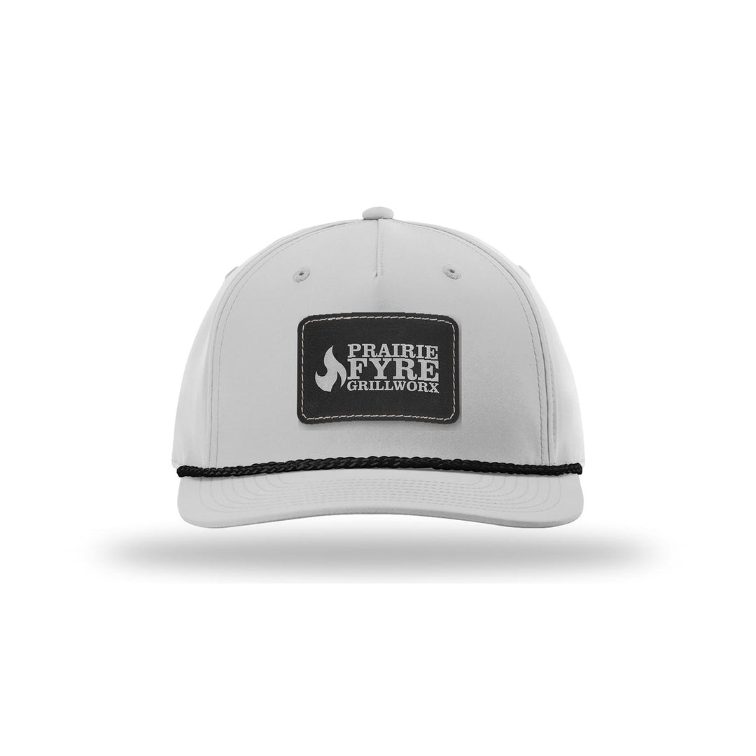 Richardson 258 5-Panel Rope Cap in Light Grey/Black with a custom leatherette logo patch