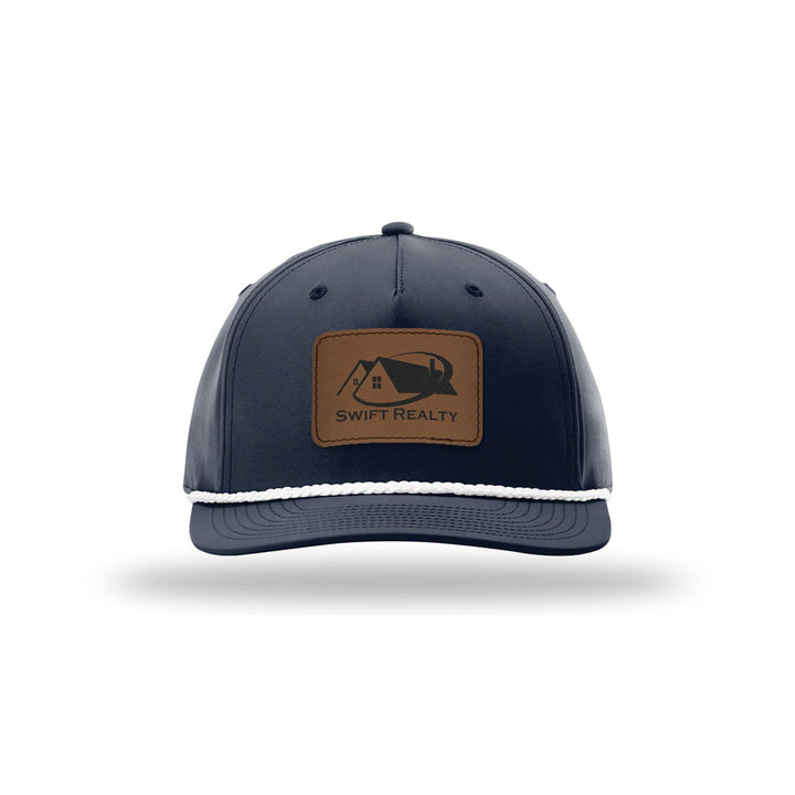 Richardson 258 5-Panel Rope Cap in Navy/White with a custom leatherette logo patch