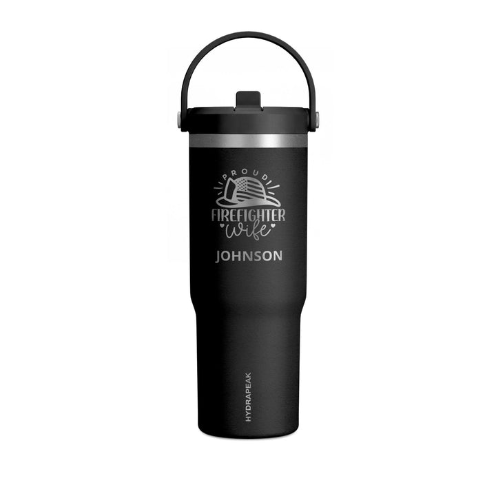 Black 32oz insulated firefighter wife tumbler with engraved Proud Firefighter Wife emblem