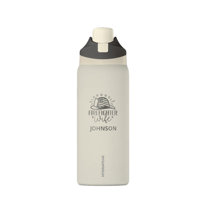 Ivory 32oz insulated firefighter wife water bottle laser-engraved with a Proud Firefighter Wife helmet emblem and name