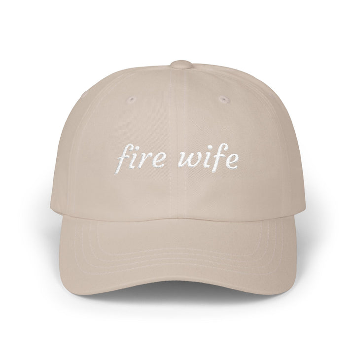 Stone dad cap with fire wife embroidered in white script, front view