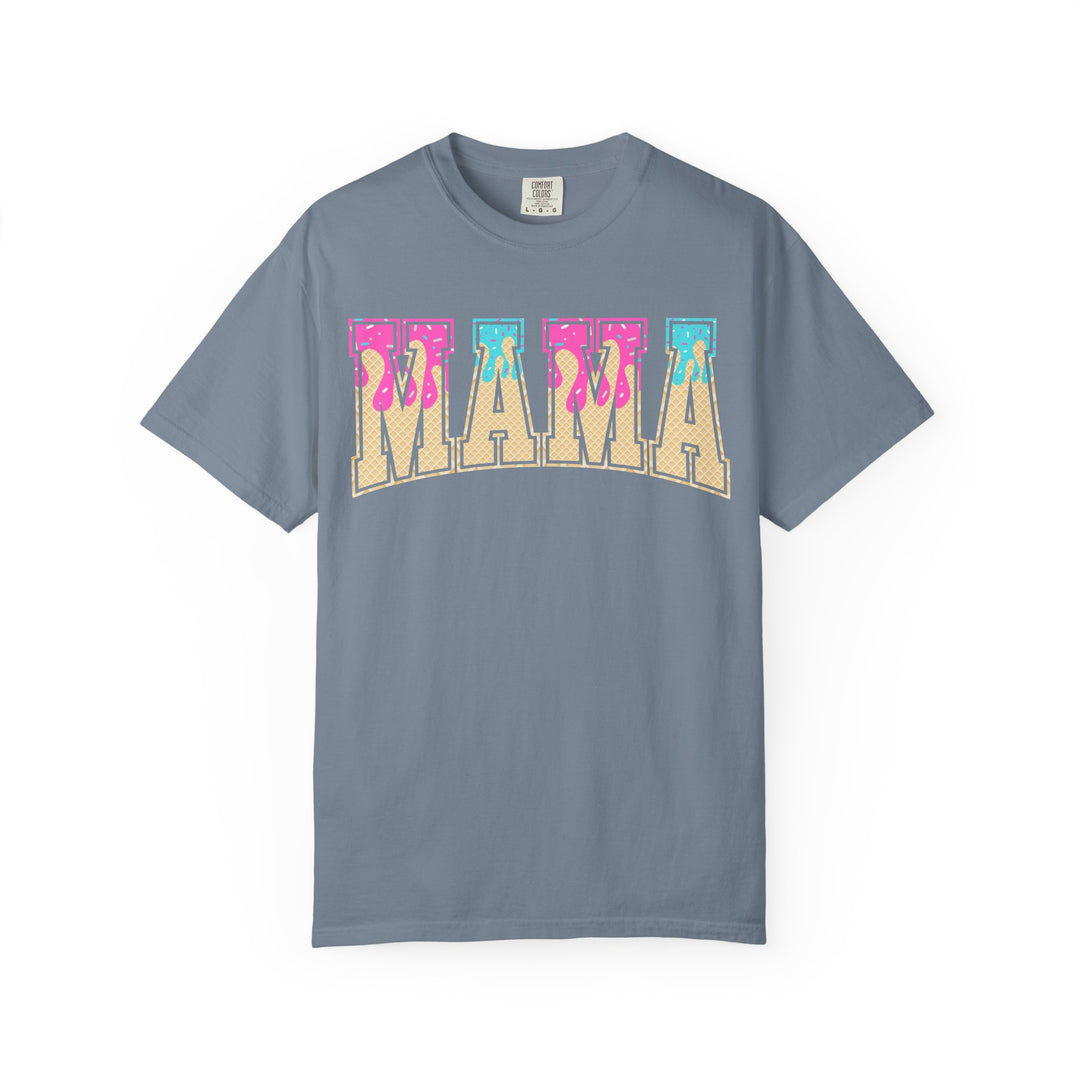 Blue Jean Comfort Colors Baseball Mama t-shirt with a retro ice cream drip MAMA graphic, front view.