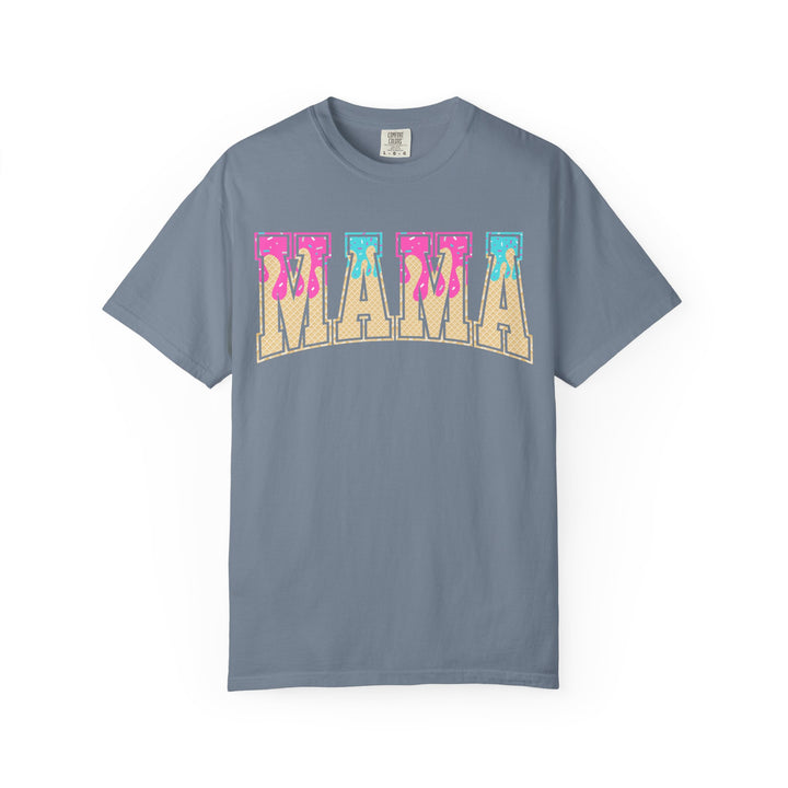 Blue Jean Comfort Colors Baseball Mama t-shirt with a retro ice cream drip MAMA graphic, front view.