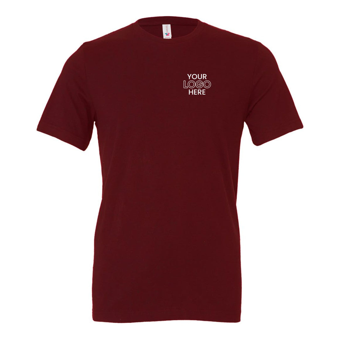 Maroon Bella+Canvas 3001 tee with a sample logo on the left chest