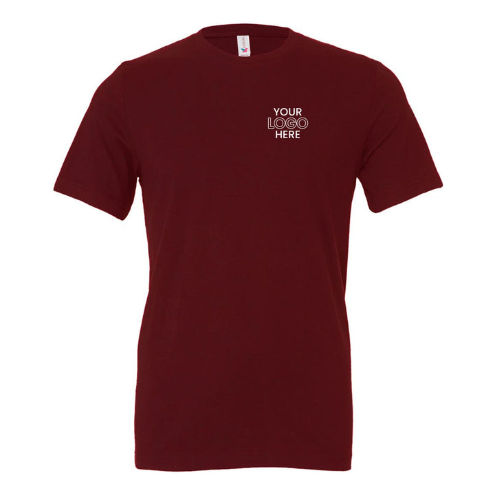 Maroon Bella+Canvas 3001 tee with a sample logo on the left chest