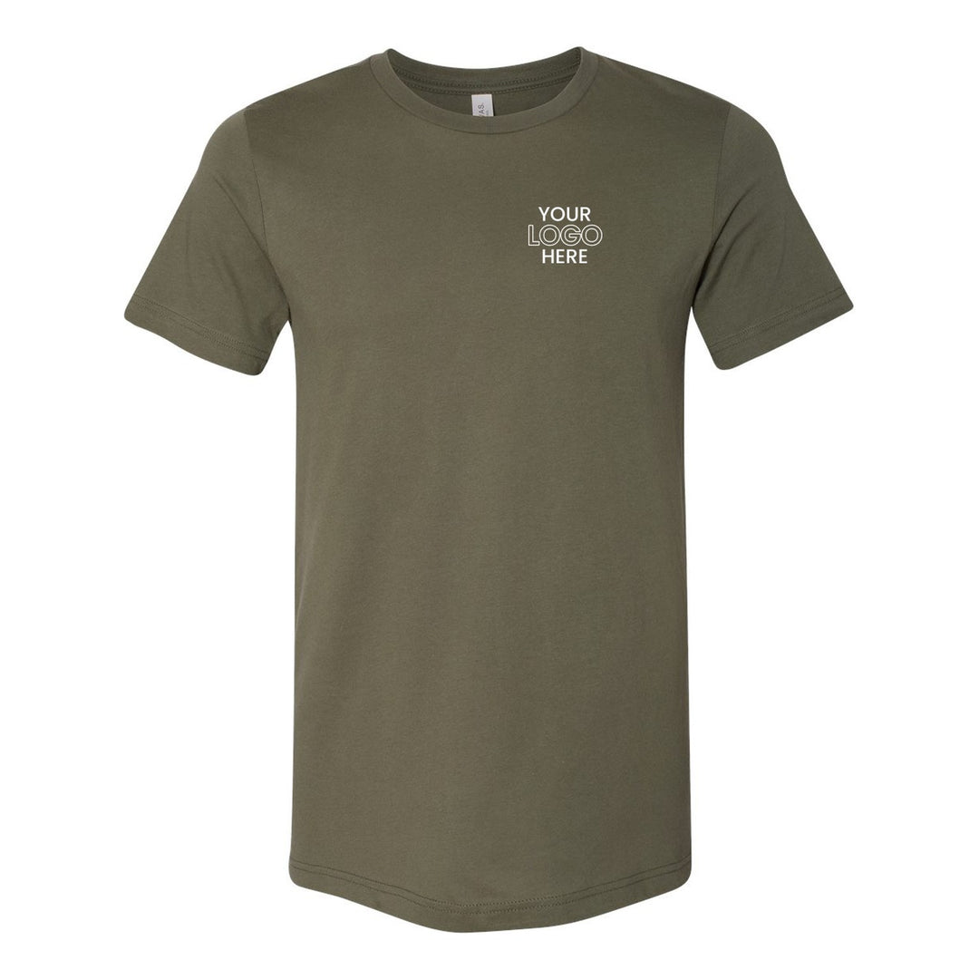 Military Green Bella+Canvas 3001 tee with a sample logo on the left chest