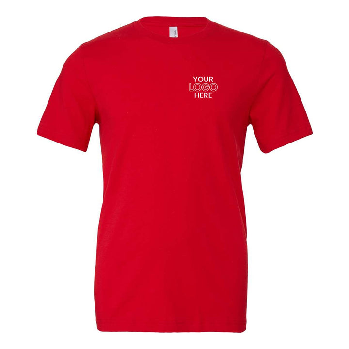Red Bella+Canvas 3001 tee with a sample logo on the left chest