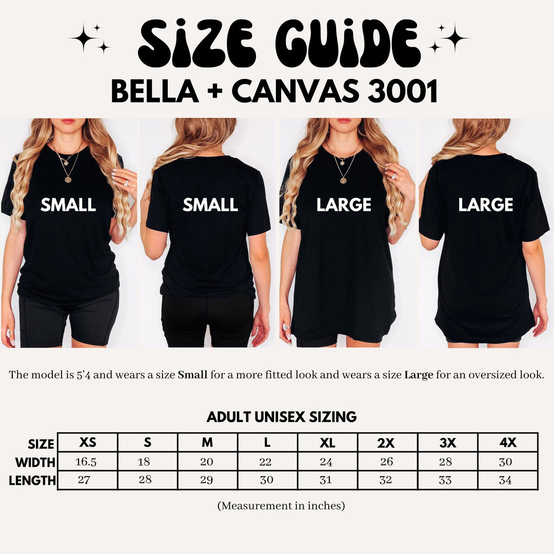 Size guide for the BELLA+CANVAS 3001 unisex tee with width and length measurements