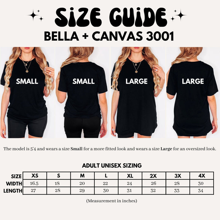 Bella + Canvas 3001 unisex tee size guide, adult Small through 3XLarge