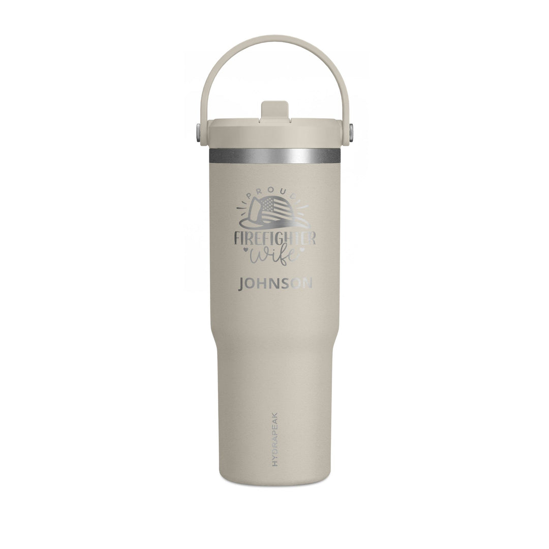 Ivory 32oz insulated firefighter wife tumbler engraved with helmet emblem and name
