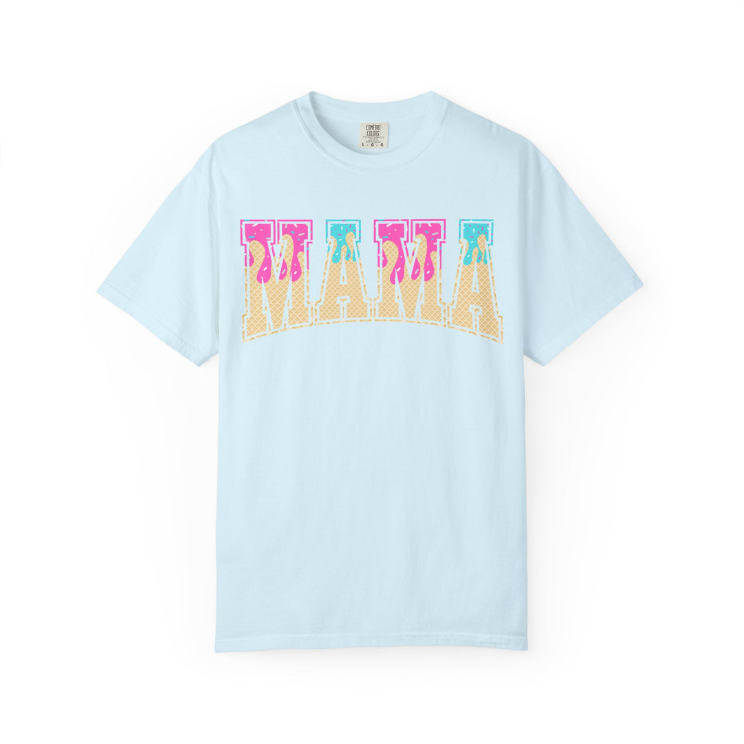 Chambray light blue Comfort Colors Baseball Mama t-shirt with a retro ice cream drip MAMA graphic, front view.