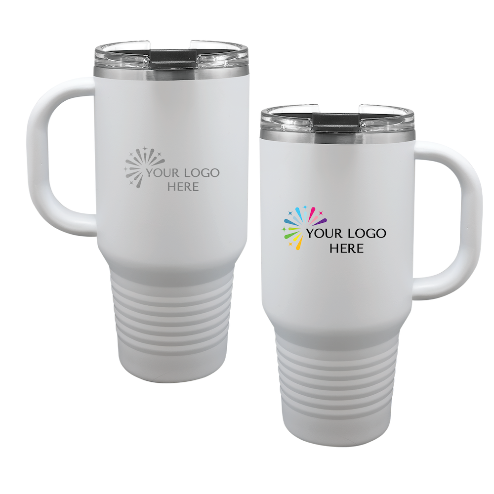 32oz personalized tumbler with custom company logo, powder coated stainless steel with clear lid and handle