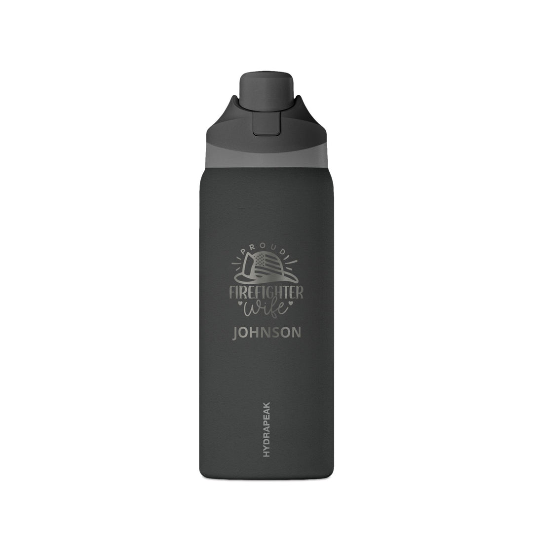 Black personalized firefighter wife 32oz insulated water bottle with engraved Proud Firefighter Wife emblem