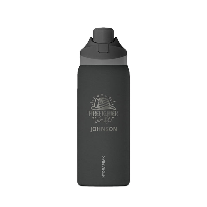 Black personalized firefighter wife 32oz insulated water bottle with engraved Proud Firefighter Wife emblem