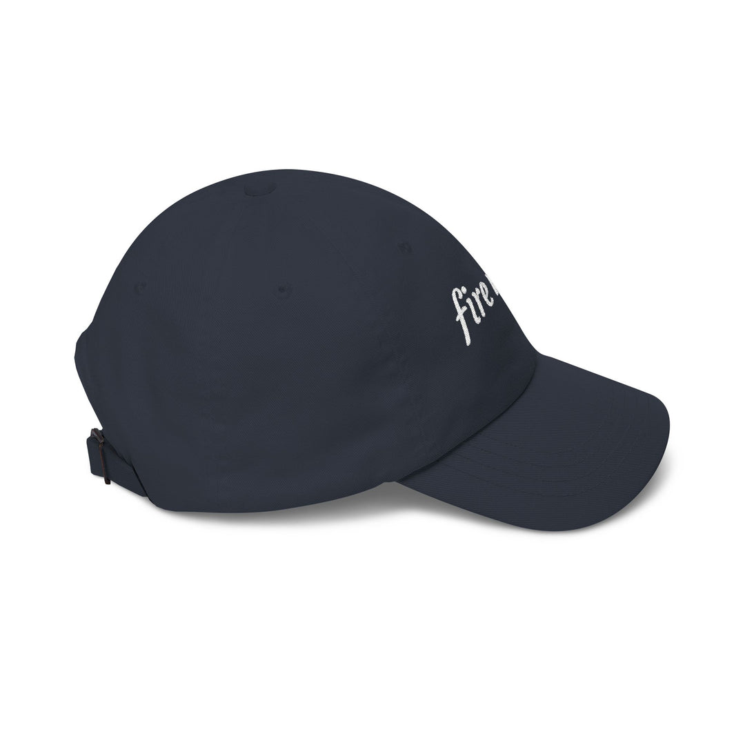 Navy fire wife dad cap, right side view with white embroidery