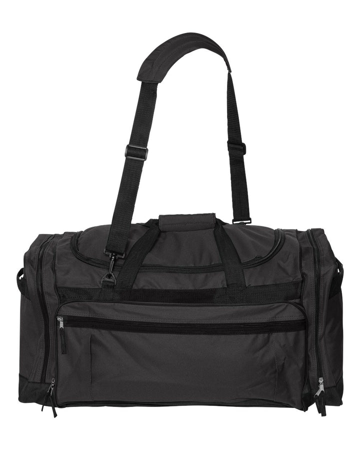 Black duffel bag with dual handles, front zippered pocket, and multiple compartments for storage and travel.