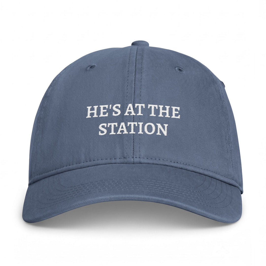 Washed denim blue dad cap with he&