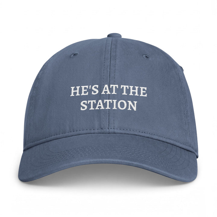 Washed denim blue dad cap with he&