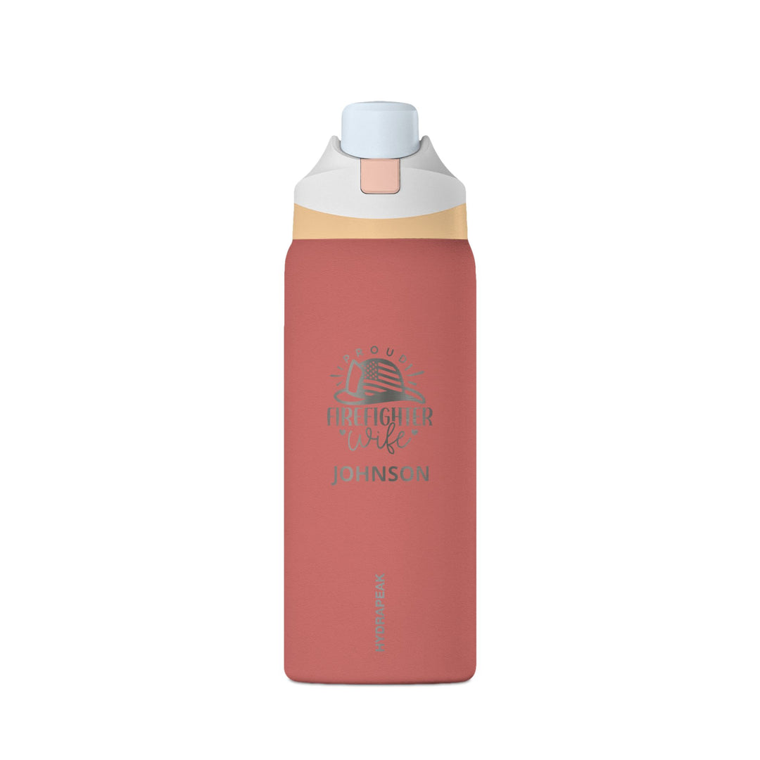 Sedona red 32oz personalized firefighter wife water bottle with engraved helmet emblem