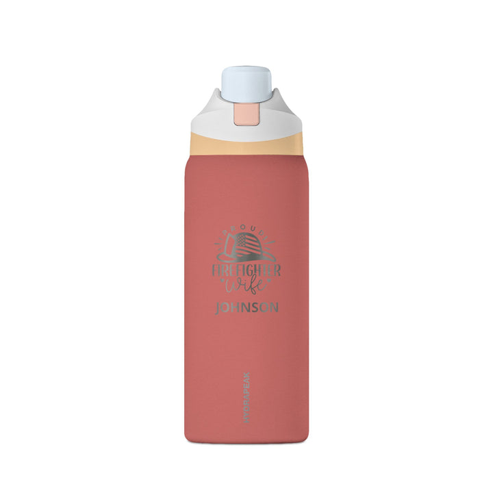 Sedona red 32oz personalized firefighter wife water bottle with engraved helmet emblem