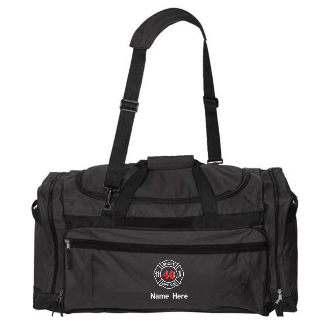 Black duffel bag with embroidered fire department seal and personalized name, dual handles and front pocket
